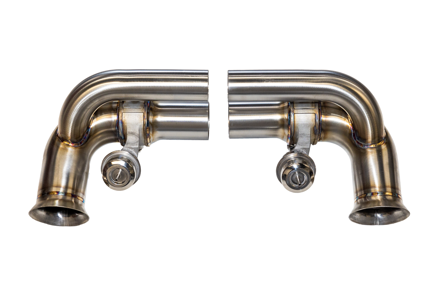 A set of silver muffler bypass pipes designed for Porsche 991 and 997 GT3 models.